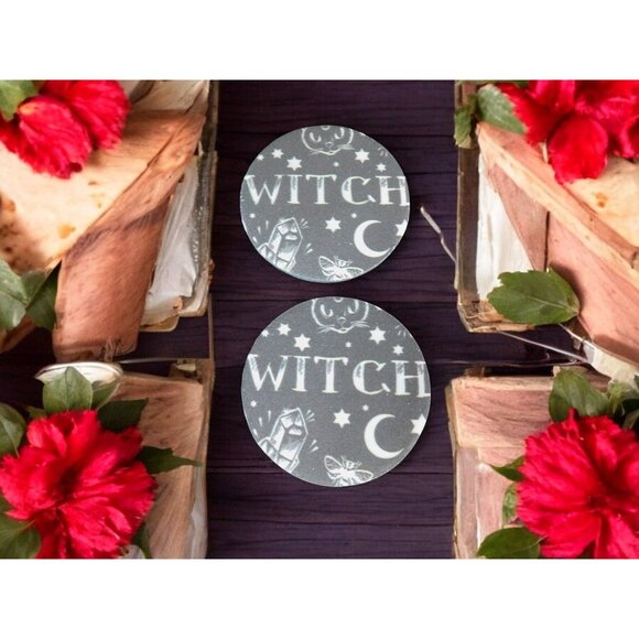 Witch-Themed Car Coasters - Set Of 2 - Moon & Stars Design - Round - Picture 3 of 12